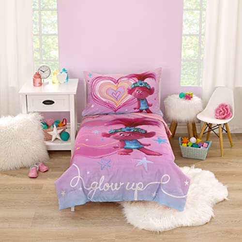 Image of NoJo DreamWorks Trolls Show Up Glow Up Pink and Blue, Hearts and Stars 4 Piece Toddler Bed Set - Comforter, Fitted Bottom Sheet, Flat Top Sheet, and Reversible Pillowcase