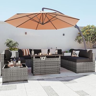 Aoxun Patio Furniture Sets, 9-Piece Outdoor Patio Furniture with 44'' Propane Gas Firepit Table and 11FT X 11FT Cantilever Umbrella, Wicker Outdoor Conversation Set for Backyard