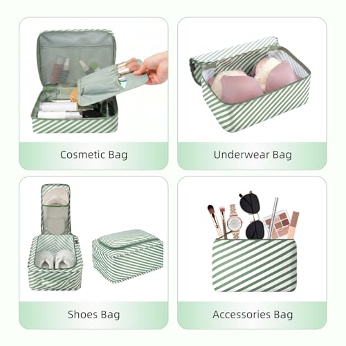 Image of BAGAIL 8 Set Packing Cubes Luggage Packing Organizers for Travel Accessories-White and Matcha Stripe