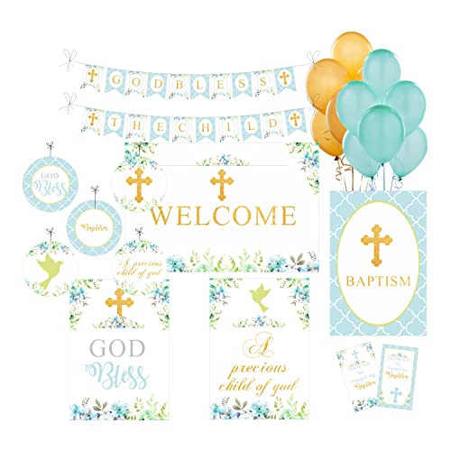 Image of Pretty UR Party Baptism Party decorations Kit - 72 pcs include Banners, balloons, thank you, centerpiece, danglers, Caps, Party Supplies, Baptism Decor, DIY Decor for Boys