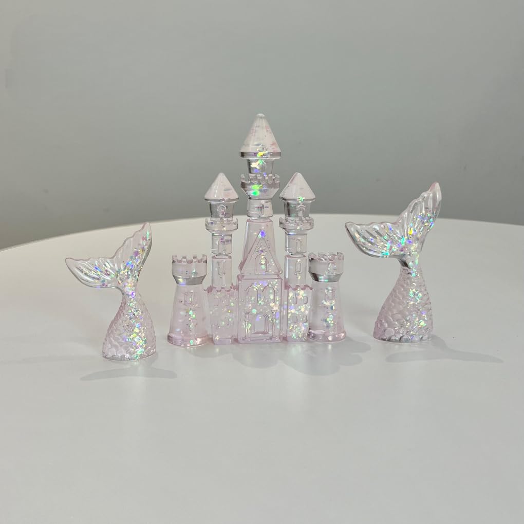 Aquarium Castle Decor with Mermaid Tails – 3-Piece Fish Tank Decoration Set for Betta, Goldfish, Terrarium or Desktop (Pink – Castle with Mermaid Tails)