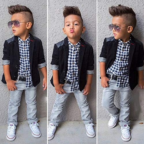 Image of MYGBCPJS 3Pcs Boy Handsome Outfit Set Plaid Shirt + T-Shirt + Suspender Jean Sets