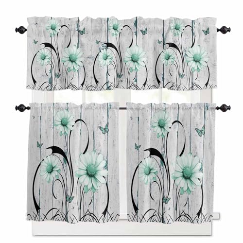 Aqua Daisy Kitchen Curtains 36 Inch Length,3 Piece Rod Pocket Small Half Tiers and Valance Set,Rustic Butterfly Floral Gray Wooden Grain Small Large Window Treatment Decor for Bedroom/Bathroom Sink