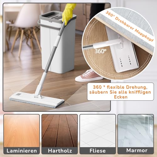 Midyb Wischmopp Set mit Eimer - Bodenwischer Set mit 10 Mikrofaser Mop Pads und 140cm Edelstahlgriff...