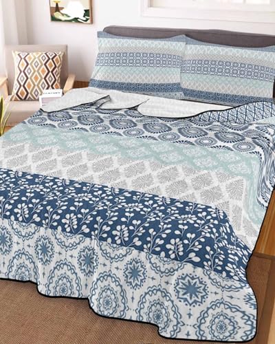 3-Piece Summer Quilt Twin Size, Blue Striped Lightweight Cooling Bedding Comforter Blanket with 2 Pillow Shams, Boho Modern Geometric Abstract Art Ethnic Bedspreads Quilted Coverlet Sets 68