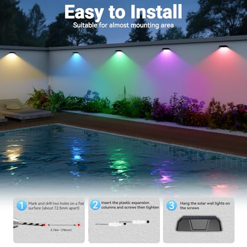 Image of Solar Fence Lights Outdoor, RGB Changing Solar Lights for Fence | 10 Color Modes, Ip65 Waterproof, Auto On /Off, Solar Powered Outdoor Lights for Garden, Patio, Pool, Deck, Holiday Decor(12p)