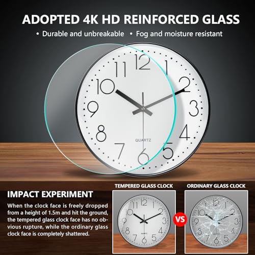 Image of Modern Silent Wall Clock - 12 Inch Wall Clocks Battery Operated Large Number, Non-Ticking Analog Clock with Tempered Glass Quartz Clocks for Living Room Bedroom Office Kitchen, White Black