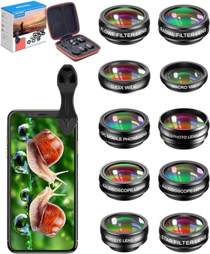 MIAO LAB 10 in 1 Cell Phone Camera Lens Kit, Wide Angle Lens & Macro Lens+Fisheye Lens+Telephoto Lens+CPL/Flow/Radial/Star Filter+Kaleidoscope 3/6 Lens for iPhone Samsung Sony and Most of Smartphone
