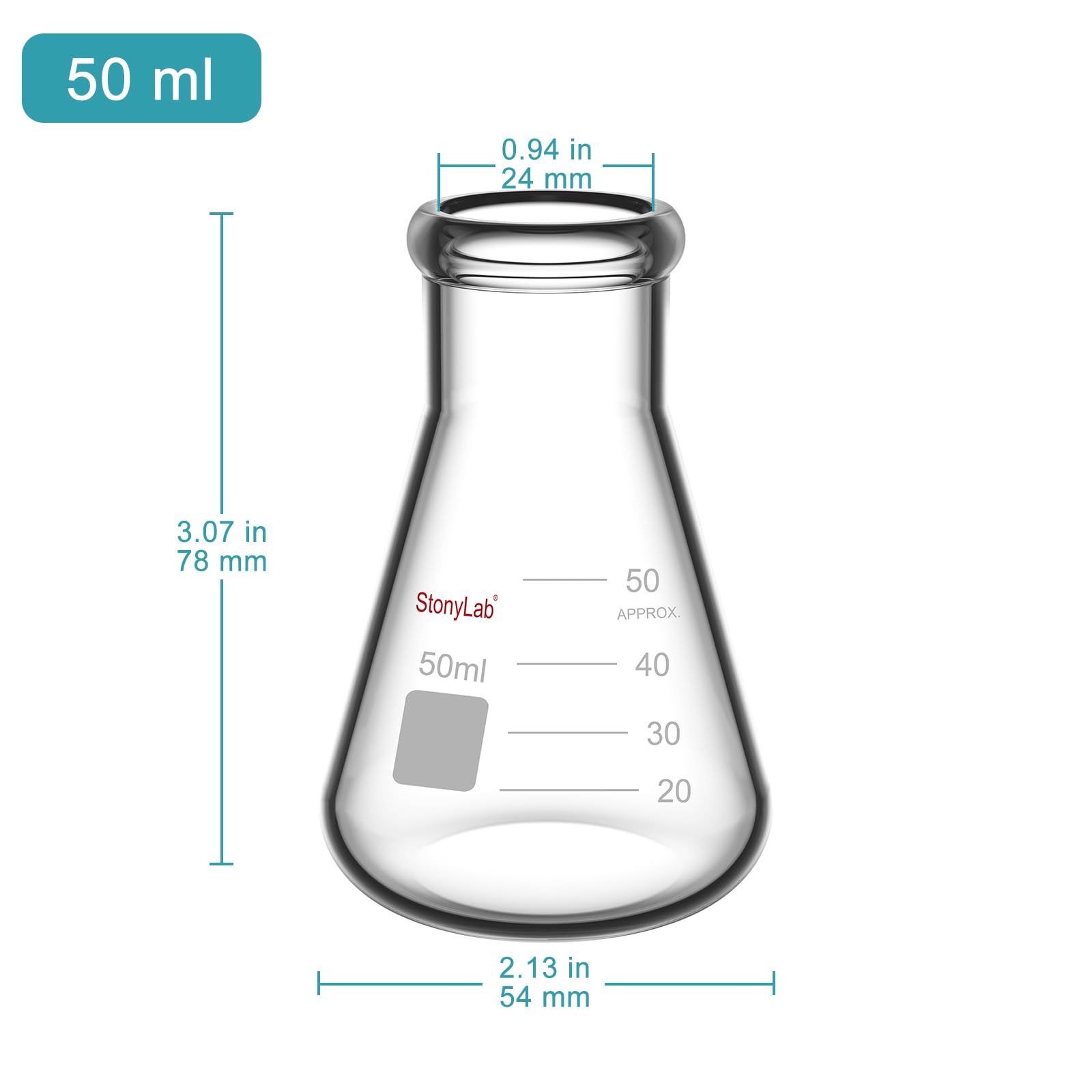 stonylab 1-Pack Glass 50 ml Heavy Wall Narrow Mouth Erlenmeyer Flasks with Heavy Duty Rim - (50ml Fits with StonyLab 4# Rubber Stopper) — Amazon image 2