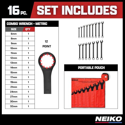Image of Neiko 03575A Jumbo Combination Wrench Set | 16 Piece | MM | 6 mm to 32 mm | Raised Panel Construction