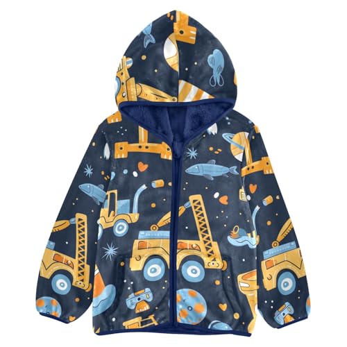 Boys Girls Fleece Jacket Cartoon Funny Excavator Fish Planet Kids Warm Hooded Outwear Coat