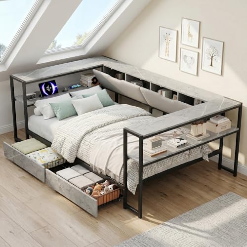 LZPUOUI Estructura de Cama Tapizada 90x200cm con Cajones Inferiores y Puertos de Carga como Marco de Dia Multifuncional con Estantes y Base para Somier de Dormitorio Gris