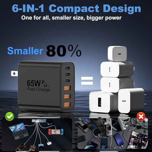 Image of USB C Charger Block, 2-Pack 65W 6-Port USB C Wall Charger iPhone Charger Fast Charging PD Power Adapter+QC Wall Plug Multiport Type C Brick Chargers for iPhone 17 16 15 14 13 12 11 Pro Max XS,Black