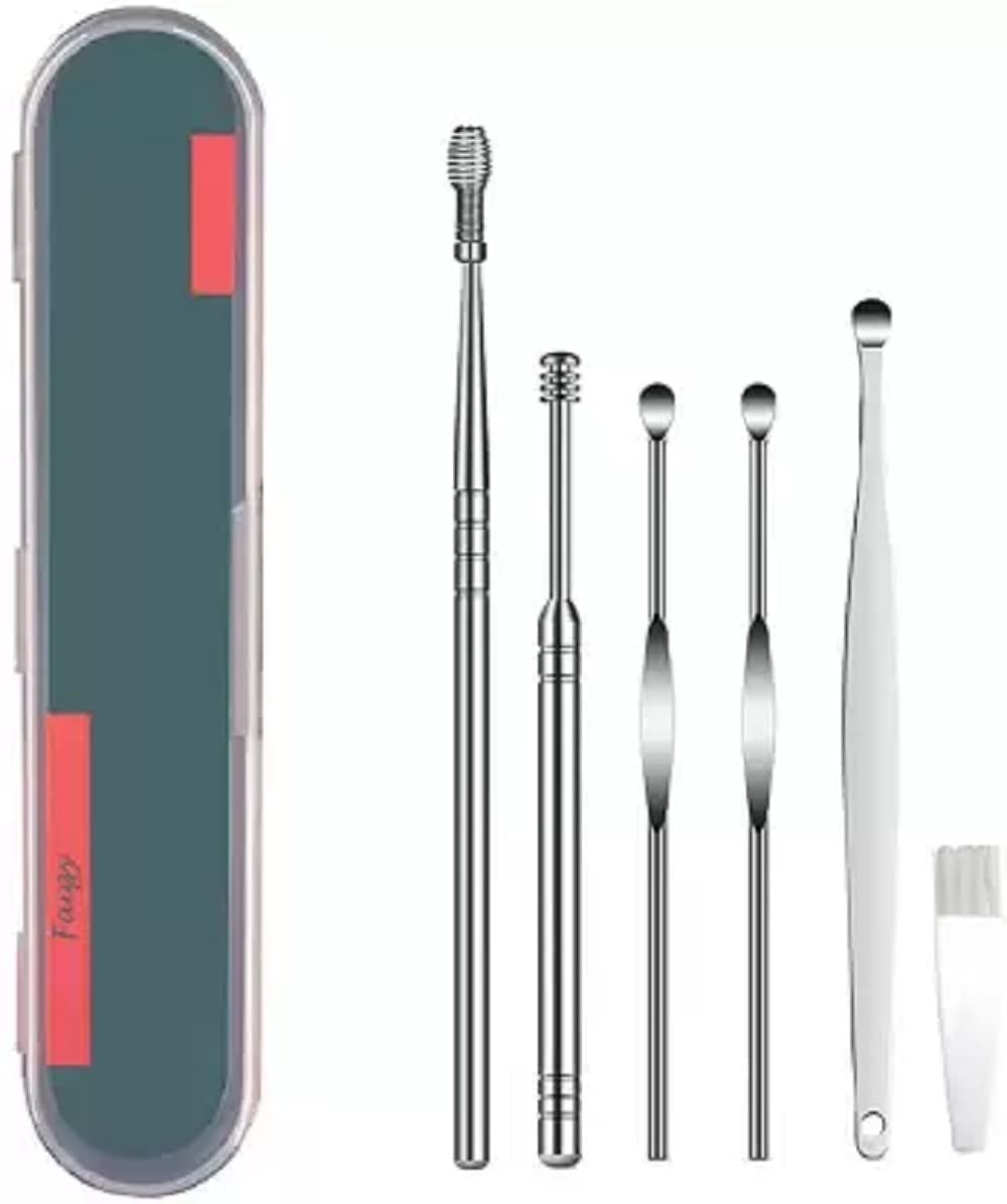MAPPERZ ear cleaning tool / ear wax cleaner / earwax cleaning tools / ear cleaning kit / 6 Piece Ear Cleaner Tool / Stainless Steel Earwax Remover Kit/ Ear Curette Safety Cleaner with Brush and Storage Box - Set of 6 (Silver)
