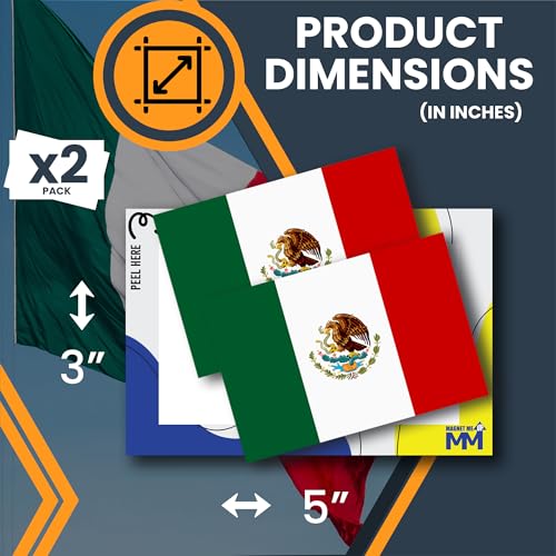 Image of Mexico Flag Decal Sticker - 2 Pack 3x5 Inch Vinyl Adhesive Decals for Cars, Trucks, Laptops, Toolboxes-UV Printed Weatherproof Mexican Flag Stickers, Made in USA