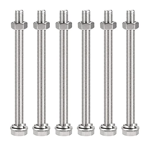 Image of uxcell M10 x 140mm Hex Head Screws Bolts, Nuts, Flat & Lock Washers Kits, 304 Stainless Steel Fully Thread Hexagon Bolts 6 Sets