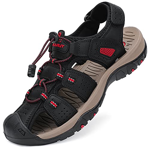 Image of FLARUT Mens Closed Toe Hiking Sandals,Leather Athletic Water Shoes | Durable Leather Upper,Excellent Toe Protection,Grip Rubber Outsole,Lightweight&Cushion EVA Midsole