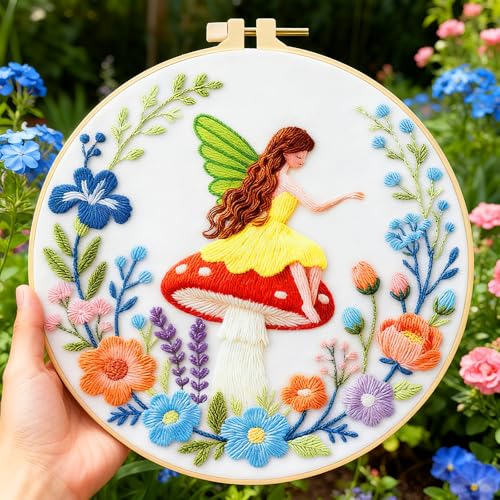 Image of BEUNITONE 4 Set Fairy Patterns Embroidery Kit for Beginners 7.9 inchx7.9 inch DIY Complete Needlepoint Kits for Adults, Cross Stitch Starter Kit with Hoops and Instructions, Handmade Gifts for Home Decor