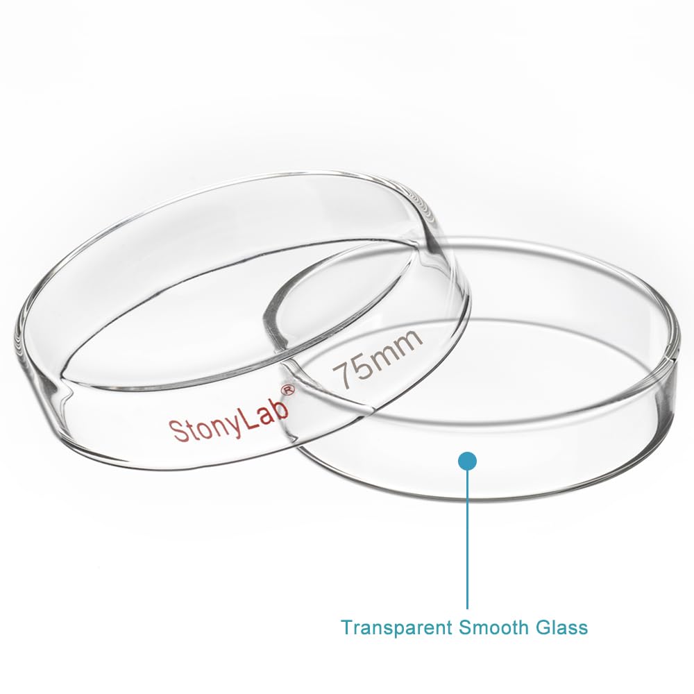 stonylab Boîte de Pétri en Verre avec Couvercle, Paquet de 5 Boîtes de Culture Cellulaire en Verre Borosilicaté Boîte de Pétri Autoclavable Transparente pour Laboratoire, 75x15 mm
