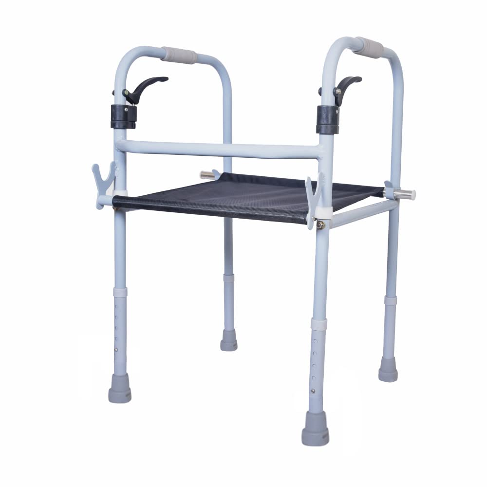 Vissco Dura Step Walker with Seat, Foldable Walking Aid, Adjustable Height, Light Weight, With Premium Grade Rubber Shoes and PVC Grip (Grey)