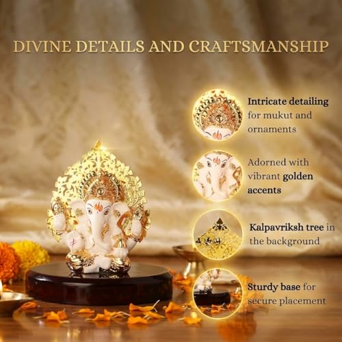 Image of 24k Gold Plated Kalpavrikshya Tree Ganesh Idol Ganpati Murti for Car Dashboard, Office Desk, Hindu God Gift & Home Decor - Resin (White)