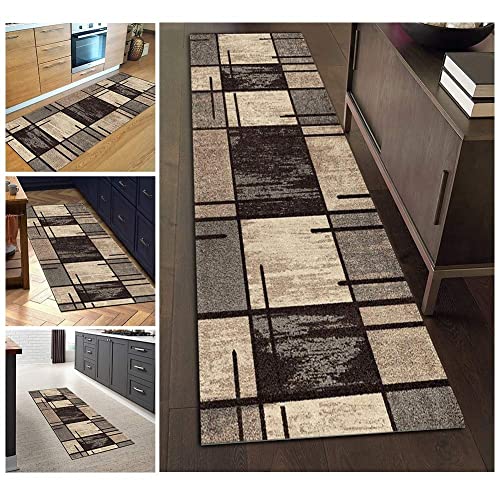 ZVEZVI Teppich Läufer Flur Küche rutschfest Waschbar Braun und Grau Geometrische Muster 40x180cm...