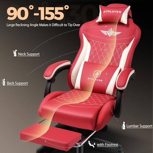 Image of GTPLAYER Gaming Chair with Footrest, Big and Tall Game Chair High Back Computer Office Chair with Lumbar Support for Adults, Ergonomic Swivel Games Chair with Cushion Gaming, Leather Red