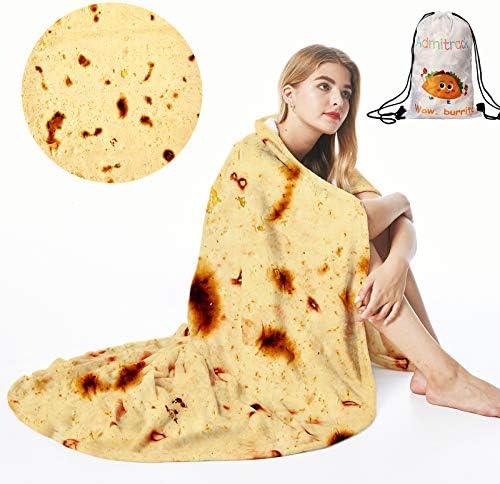 Admitrack Tortilla Wrap Blanket,Burritos Round Wrap Blanket,Tortilla Throw Blanket,Funny Realistic Food Round Blanket,Novelty Burritos Throw Blanket for Adults&Kids