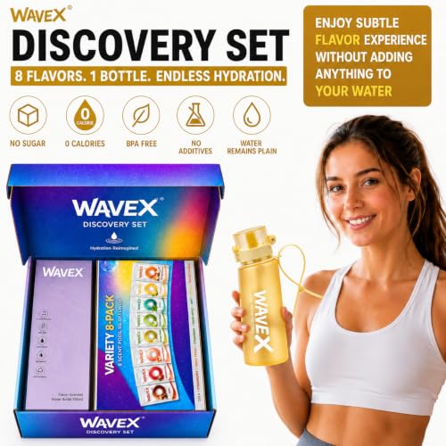 Image of Wavex Scented Water Bottle + 8 Aroma Scent Pods (Cola, Strawberry, Honey Peach, Energy Drink, Green Apple, Mint, Lemon, Orange Vanilla), Flip Top Lid, Straw & Carry Strap Included (Golden Yellow)