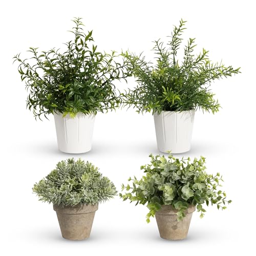 PENGYEE 4 Pack Small Fake Plants in White Pulp Pot