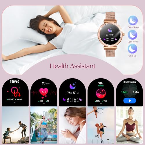 Smartwatch Damen Uhr Armbanduhr Fitnessuhr: Smartwatch Damen mit Halskette Geschenk 1,27" Rund Touch Gold Menstruationszyklus Schrittzähler Blutdruck Wasserdicht Sport Telefonfunktion für Android iOS – Bild 6