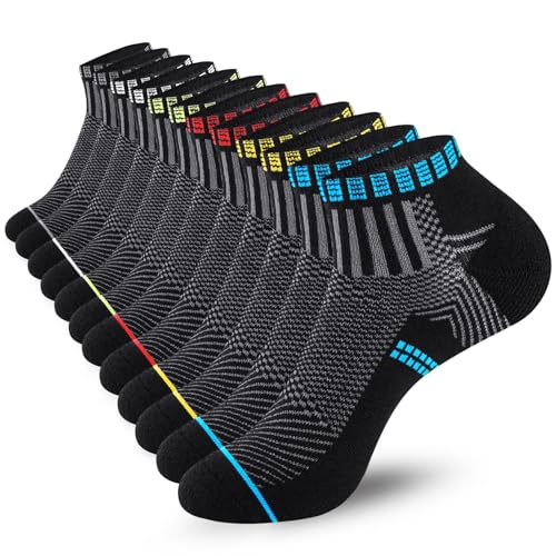 Mens Athletic Ankle Socks, Cushioned Running Socks, Low Cut Moisture Wicking Short Cotton Socks 6 Pairs,Multicolor, 9-12