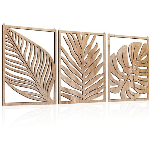 3PCS Tropical Wall Art, Wall Art Decor Leaf Sign Wall Vintage Tropical Plant Wall Rustic Palm Leaf, Modern Wooden Wall Sculptures for for Living room, Bedroom, Office, Wood Decor Accents, Home Decorations(16.5x 12.6x0.2in)
