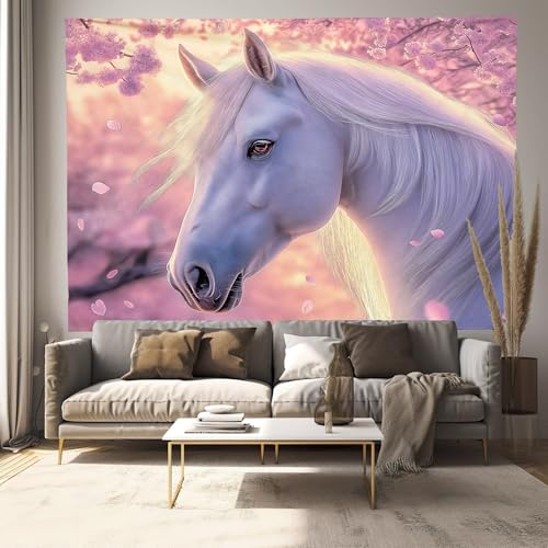 ALTCIRNMD Tapisserie Sakura Cheval Blanc,Grande Tapisserie Animal Élégant Décoration D'Intérieur Pour Chambre À Coucher,Université, Dortoir, Salon...