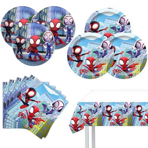 Spidey Birthday Decorations 20 Plates 20 Napkins and 1 Tablecover for Spidey Birthday Party Supplies Spidey Theme Party Decorations