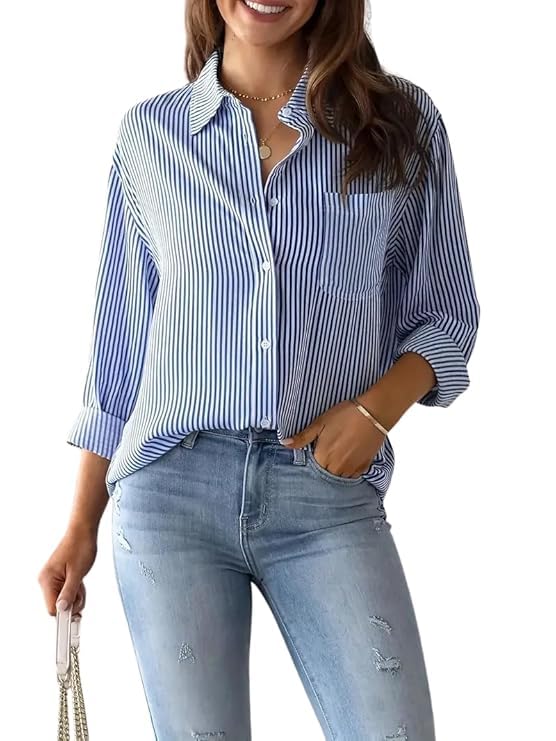 areal fashion Women's Classic Fit Striped Print Blue and White Poly Cotton Shirt with Long Sleeve Mandarin Neck Standard Length and Button Down Closure Type-picture-50