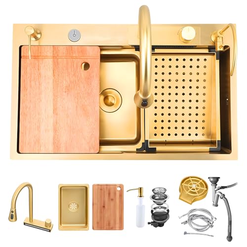 WIQUYBML Fregadero bajo encimera de Acero Inoxidable Nano de 75 x 45 cm, Acabado Dorado, 1 cubeta, 5 Orificios para grifería, Juego Completo de 13 Piezas con Accesorios.
