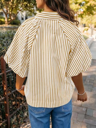 Image of Tankaneo Womens Short Puff Sleeve Button Down Shirts Striped Trendy Casual Loose Fit Blouse V Neck Collared Tops