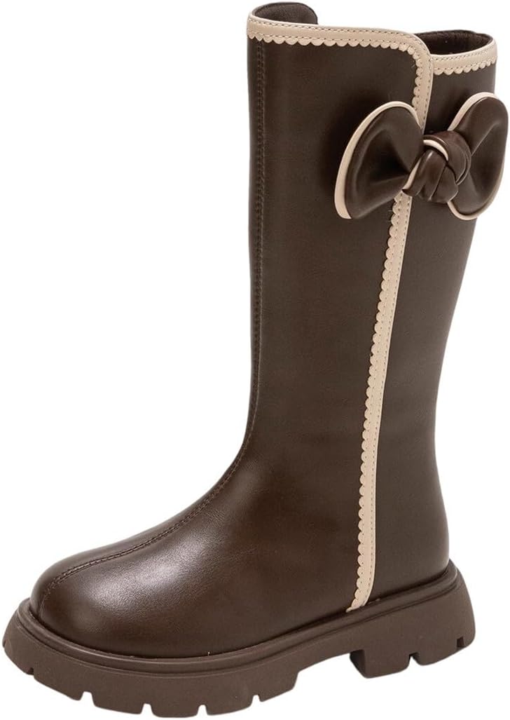 Girls Knee High Boots Leather Tall Winter Riding Boots with Back Zipper Faux Fur Ball Decorations Comfortable Round Toe Fashion Combat Boots for Little Kid/Big Kid