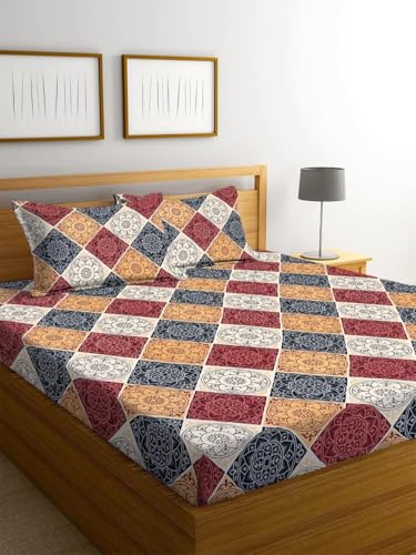 Image of 100% Cotton Elastic Fitted Bedsheets with 2 King Size Pillow Covers Double Bed with All Around Elastic Supersoft Size - 72 King Sizex78+10 inches Beige & Maroon 200 tc - 220 tc