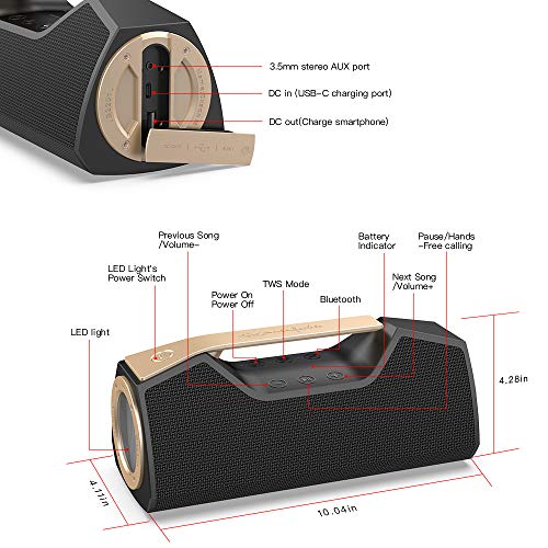 Wharfedale Altoparlante Bluetooth Altoparlante Wireless Portatile Esterno,IPX7 impermeabile,25W Forte suono,Basso ricco,Luce a led,Accumulatore di energia,TWS, design durevole (Nero)