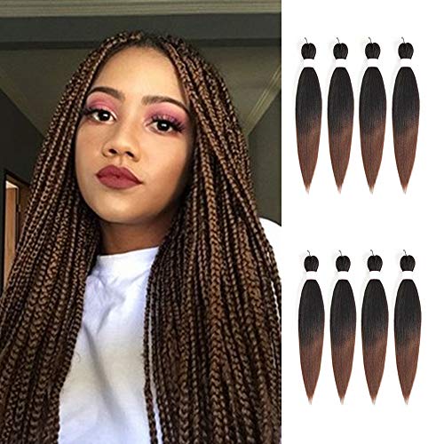 Pre-stretched Braiding Hair Easy Braid Hair Itch Free 24'' 8 Packs Ombre Brown Synthetic Fiber Corchet Braids Yaki Texture Hair Extensions Hot Water Setting Organic Synthetic Fiber (1B/30#)