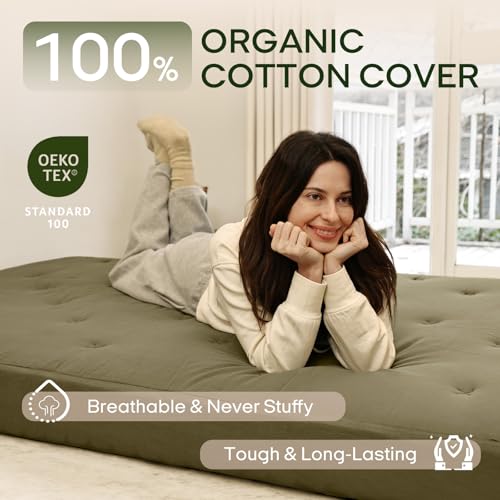 Image of ZonLi Japanese Floor Futon Mattress Queen Size 80 inchx60 inch100%Cotton Cover 6''Thicken Tatami Mattress,Foldable Sleeping Pad,Portable Dormitory Tatami Mat,Roll Up Floor Lounger Bed for Adult (Winter Moss)