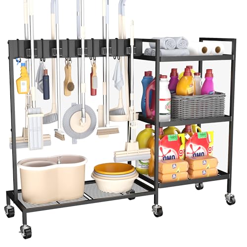 GIOTORENT Metal Cleaning Cart with Wheels - Rolling Broom Holder & Supplies Organizer, 10 Adjustable...