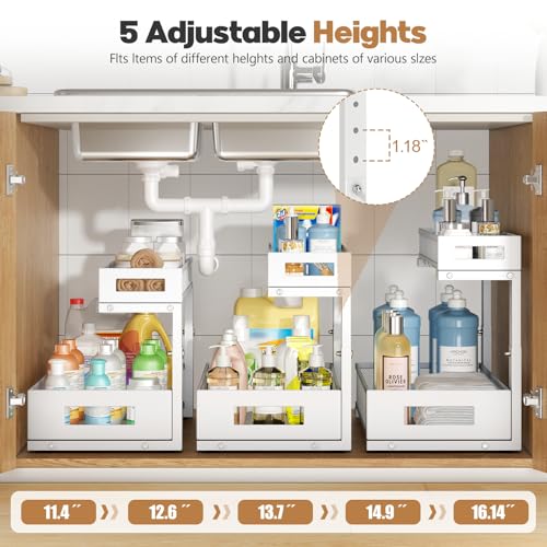 Image of 2 Pack 17IN Depth Under Sink Storage Organizer, Large 2-Tier Elegant Mesh Pull Out Shelf for Kitchen and Bathroom Cabinet Organization, L-Shaped and Adjustable Height Design-White