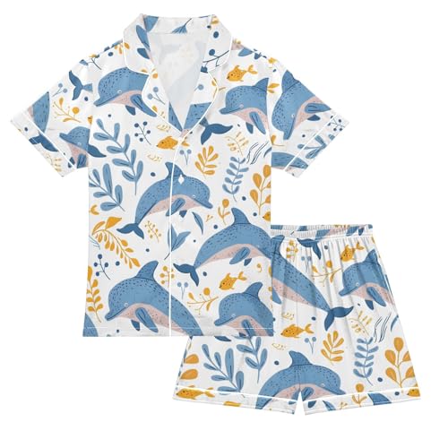 ALAZA Cute Whale Fish Dolphin Pajamas Satin Pajama Set Short Sleeve Button Down Sleepwear