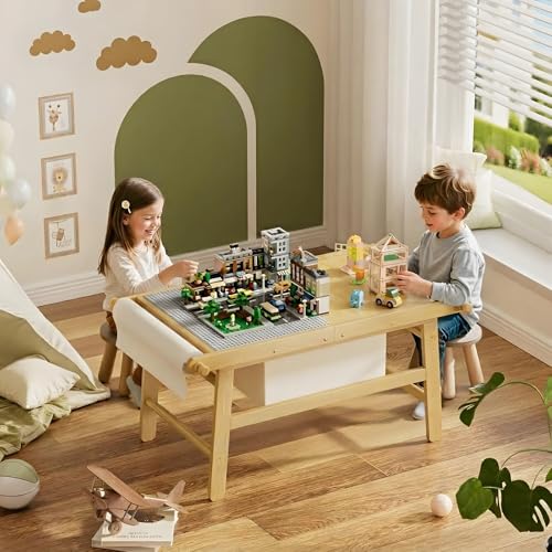 EZ2LIVE Kids Train Table with Storage 5 in 1 Bamboo Activity Table for Building Blocks Wooden Play Desk for Toddlers Ages 3-10 Multi-Functional Kids Table for Art Drawing Learning and Dining