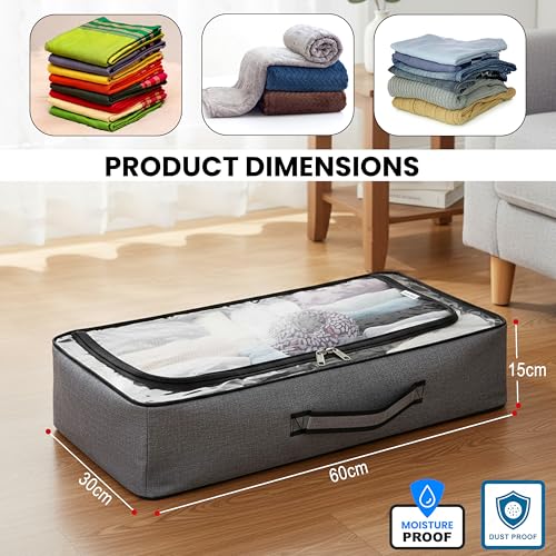 Image of Storite Small Foldable Underbed Storage Bag - Clothes Comforters Breathable Zippered Organizer for Bedroom with Transparent Window and Carry Handles (60x30x15 cm - Grey)