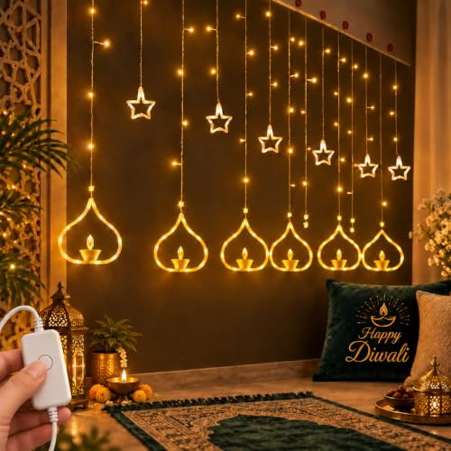 Image of Gesto 12 Diya Curtain Lights - 108 LED Warm White Fairy Lights with 8 Flashing Modes | Plug in Deep Style Diya Lights for Home,Balcony, Mandir,Pooja Room,Diwali Decoration & Festival Decor (11 Ft)