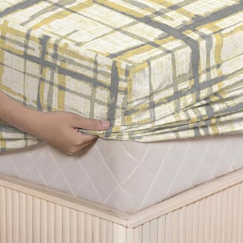 Image of LANE LINEN Symphony | 100% Cotton Sheet Set | Soft & Breathable Fabric | 3 Piece (1 Bedsheet + 2 Pillow Covers) | King Bed Sheet Set - Yellow & Grey Linear Grid